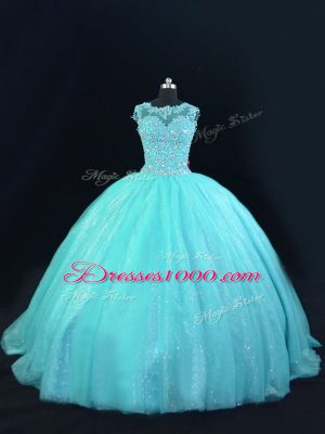 Hot Sale Aqua Blue Sleeveless Beading and Lace Floor Length Sweet 16 Dress