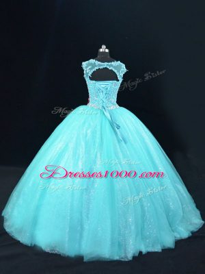 Hot Sale Aqua Blue Sleeveless Beading and Lace Floor Length Sweet 16 Dress