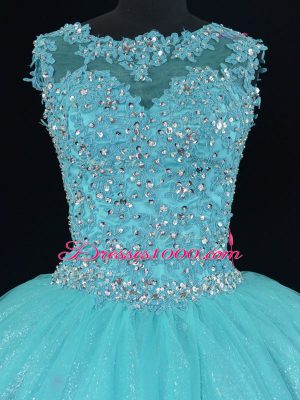 Hot Sale Aqua Blue Sleeveless Beading and Lace Floor Length Sweet 16 Dress