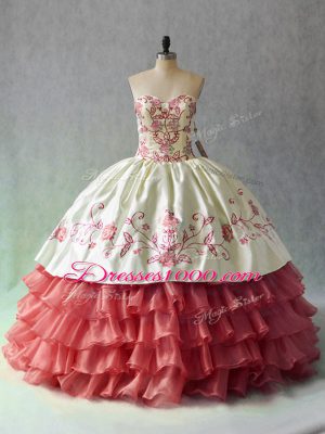 Sumptuous White And Red Sweetheart Lace Up Embroidery and Ruffled Layers Quinceanera Dresses Sleeveless