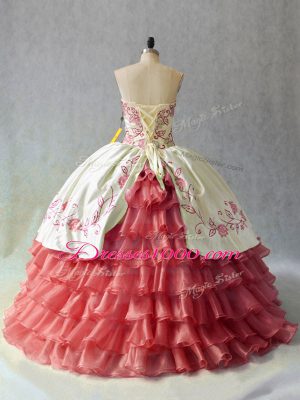 Sumptuous White And Red Sweetheart Lace Up Embroidery and Ruffled Layers Quinceanera Dresses Sleeveless