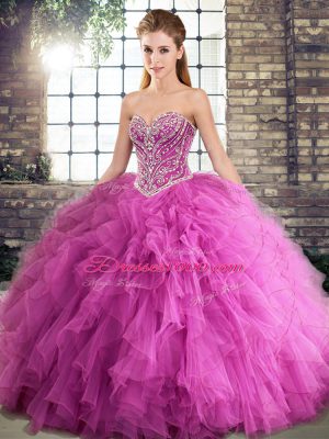 Rose Pink Lace Up Sweetheart Beading and Ruffles 15th Birthday Dress Tulle Sleeveless