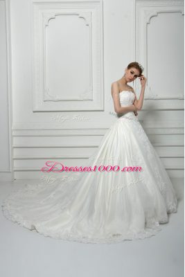 Shining Sweetheart Sleeveless Tulle Wedding Gown Beading and Lace Court Train Lace Up