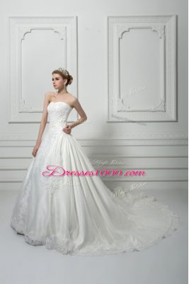 Shining Sweetheart Sleeveless Tulle Wedding Gown Beading and Lace Court Train Lace Up