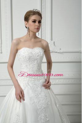 Shining Sweetheart Sleeveless Tulle Wedding Gown Beading and Lace Court Train Lace Up