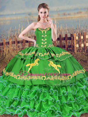 Exquisite Green Lace Up Quinceanera Gowns Embroidery and Ruffled Layers Sleeveless Brush Train