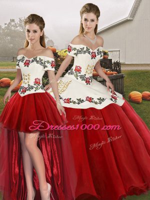White And Red Off The Shoulder Neckline Embroidery Ball Gown Prom Dress Sleeveless Lace Up