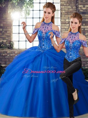 Fabulous Beading and Pick Ups Ball Gown Prom Dress Blue Lace Up Sleeveless Brush Train