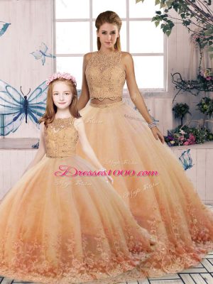 Tulle Scalloped Sleeveless Sweep Train Backless Lace Vestidos de Quinceanera in Peach