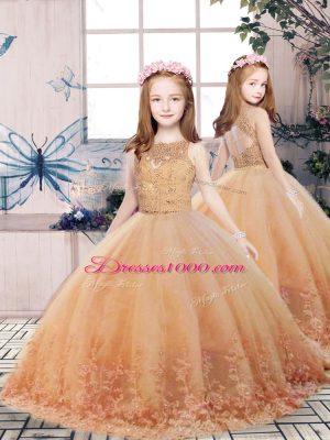 Tulle Scalloped Sleeveless Sweep Train Backless Lace Vestidos de Quinceanera in Peach