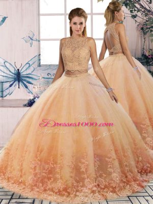 Tulle Scalloped Sleeveless Sweep Train Backless Lace Vestidos de Quinceanera in Peach