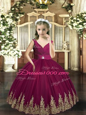 Ball Gowns Girls Pageant Dresses Burgundy Tulle Sleeveless Floor Length Backless