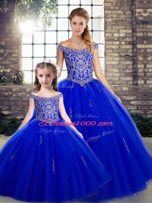 Off The Shoulder Sleeveless Sweet 16 Dresses Floor Length Beading Royal Blue Tulle