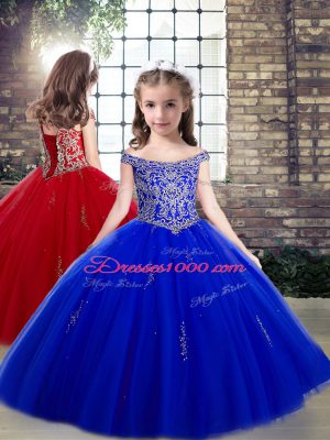 Off The Shoulder Sleeveless Sweet 16 Dresses Floor Length Beading Royal Blue Tulle