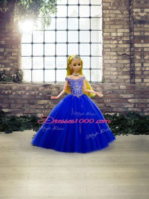 Off The Shoulder Sleeveless Sweet 16 Dresses Floor Length Beading Royal Blue Tulle