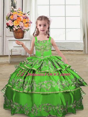 Great Green Ball Gowns Straps Sleeveless Satin Floor Length Lace Up Embroidery and Ruffled Layers Little Girl Pageant Dress