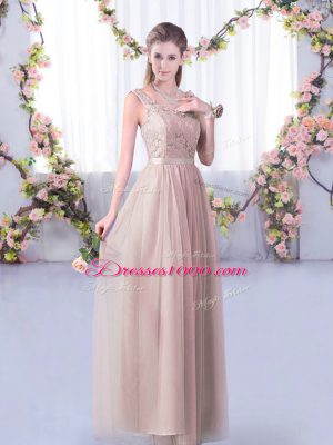 Affordable Pink Empire V-neck Sleeveless Tulle Floor Length Side Zipper Lace and Belt Wedding Party Dress