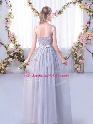 Affordable Pink Empire V-neck Sleeveless Tulle Floor Length Side Zipper Lace and Belt Wedding Party Dress