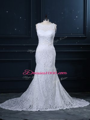 New Style Scoop Sleeveless Brush Train Backless Wedding Gowns White Lace