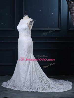 New Style Scoop Sleeveless Brush Train Backless Wedding Gowns White Lace