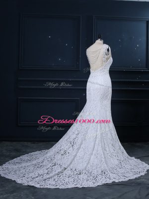 New Style Scoop Sleeveless Brush Train Backless Wedding Gowns White Lace