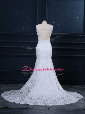 New Style Scoop Sleeveless Brush Train Backless Wedding Gowns White Lace