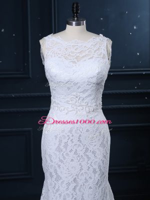 New Style Scoop Sleeveless Brush Train Backless Wedding Gowns White Lace