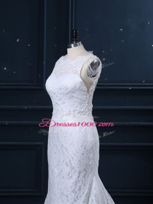 New Style Scoop Sleeveless Brush Train Backless Wedding Gowns White Lace