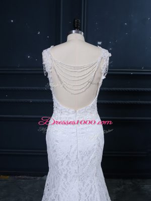 New Style Scoop Sleeveless Brush Train Backless Wedding Gowns White Lace