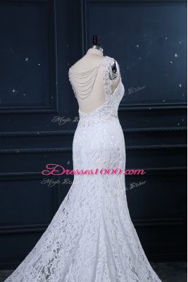 New Style Scoop Sleeveless Brush Train Backless Wedding Gowns White Lace