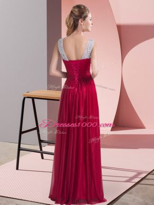 Deluxe Floor Length Lace Up Wedding Guest Dresses Wine Red for Wedding Party with Beading and Belt