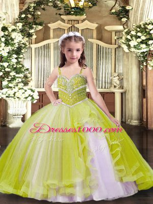 Floor Length Yellow Green Little Girl Pageant Dress Straps Sleeveless Lace Up