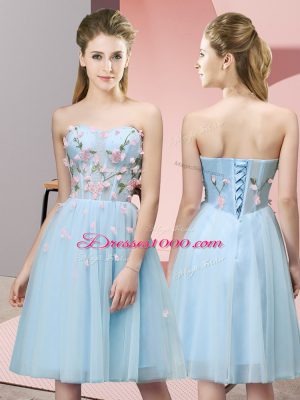 Sleeveless Tulle Knee Length Lace Up Wedding Guest Dresses in Light Blue with Appliques