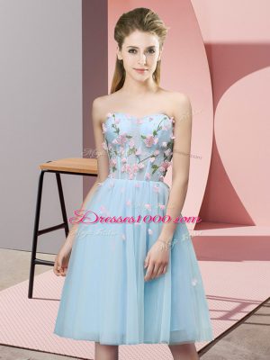 Sleeveless Tulle Knee Length Lace Up Wedding Guest Dresses in Light Blue with Appliques