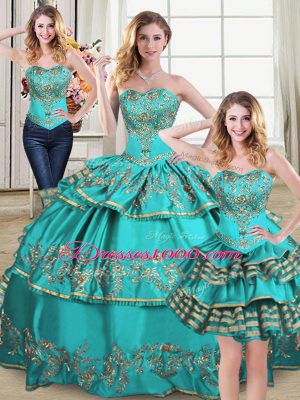 Dazzling Sweetheart Sleeveless Quinceanera Dress Floor Length Embroidery and Ruffled Layers Aqua Blue Organza