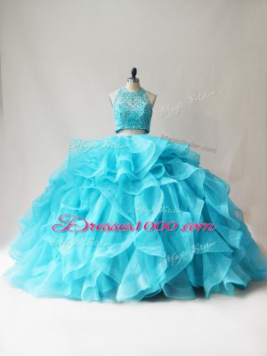 Excellent Two Pieces Sweet 16 Dress Aqua Blue Halter Top Organza Sleeveless Floor Length Lace Up
