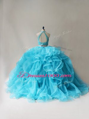 Excellent Two Pieces Sweet 16 Dress Aqua Blue Halter Top Organza Sleeveless Floor Length Lace Up