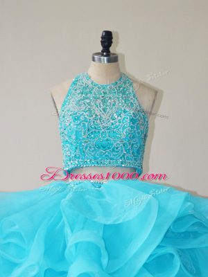 Excellent Two Pieces Sweet 16 Dress Aqua Blue Halter Top Organza Sleeveless Floor Length Lace Up