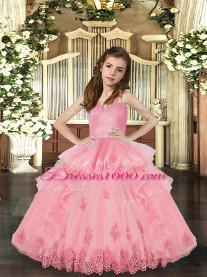 Floor Length Lace Up Little Girl Pageant Gowns Baby Pink for Party and Military Ball and Wedding Party with Lace and Appliques