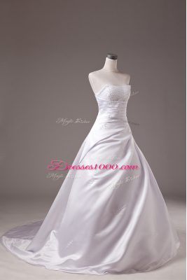 White Wedding Gowns Wedding Party with Beading Strapless Sleeveless Brush Train Lace Up