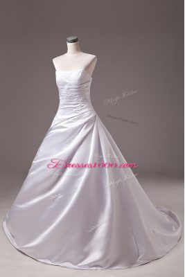 White Wedding Gowns Wedding Party with Beading Strapless Sleeveless Brush Train Lace Up