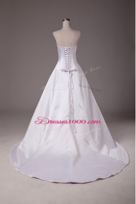 White Wedding Gowns Wedding Party with Beading Strapless Sleeveless Brush Train Lace Up