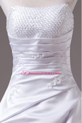 White Wedding Gowns Wedding Party with Beading Strapless Sleeveless Brush Train Lace Up