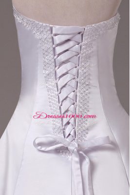 White Wedding Gowns Wedding Party with Beading Strapless Sleeveless Brush Train Lace Up