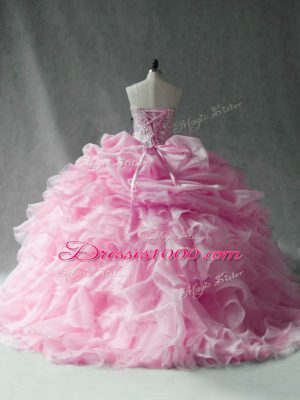 Sleeveless Brush Train Beading and Ruffles and Pick Ups Lace Up Quinceanera Gowns