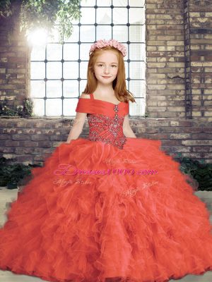 Red Straps Lace Up Beading Kids Formal Wear Sleeveless
