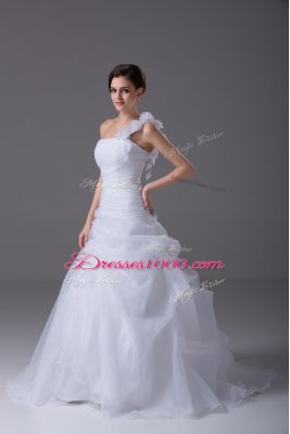 Organza One Shoulder Sleeveless Brush Train Lace Up Hand Made Flower Bridal Gown in White