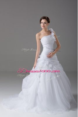 Organza One Shoulder Sleeveless Brush Train Lace Up Hand Made Flower Bridal Gown in White