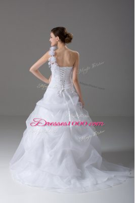 Organza One Shoulder Sleeveless Brush Train Lace Up Hand Made Flower Bridal Gown in White