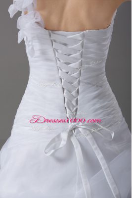 Organza One Shoulder Sleeveless Brush Train Lace Up Hand Made Flower Bridal Gown in White